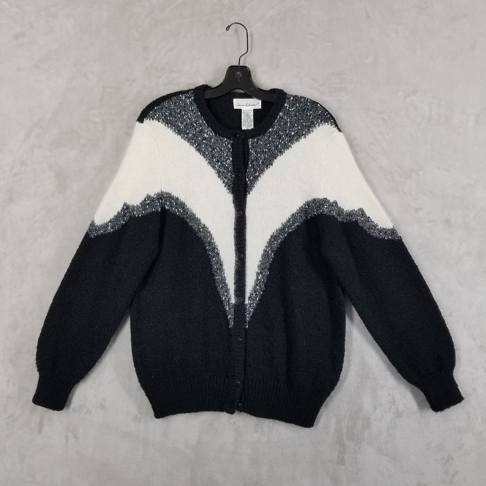 Vintage Cardigan Women L Black White Wool Angora Blend Button Front Sweater